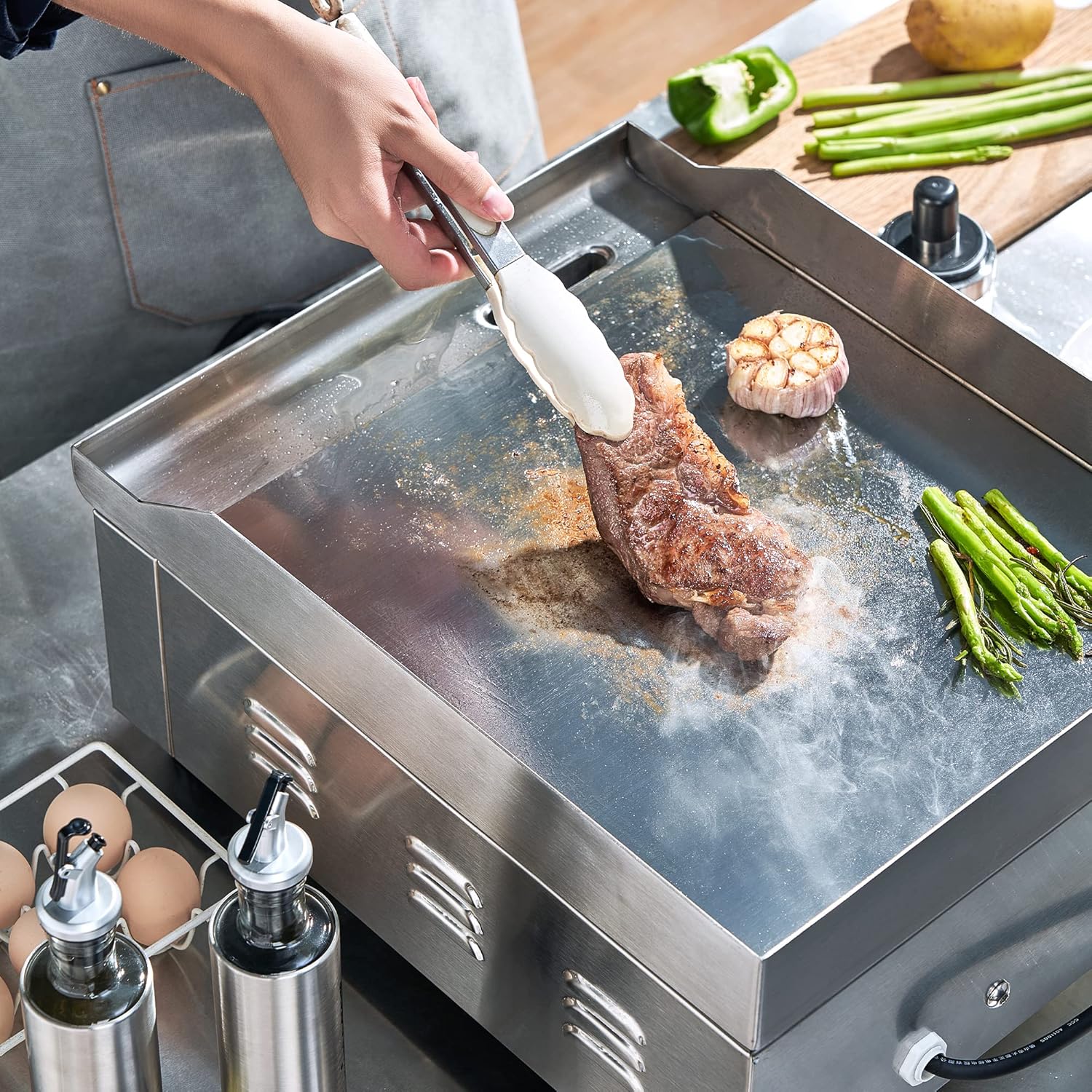 14 Inch Electric Griddle, Non-Stick Flat Top Grill Commercial Electric Countertop Griddles Stainless Steel Adjustable Temperature Control 90°F-575°F for Home or Restaurant Use