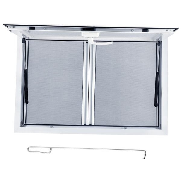 Concession Window 36W x 36H Aluminum Alloy Food Truck Service Window with Sliding Screens & Awning Door, Hydraulic Lift, Locking Mechanism, Versatile for Catering