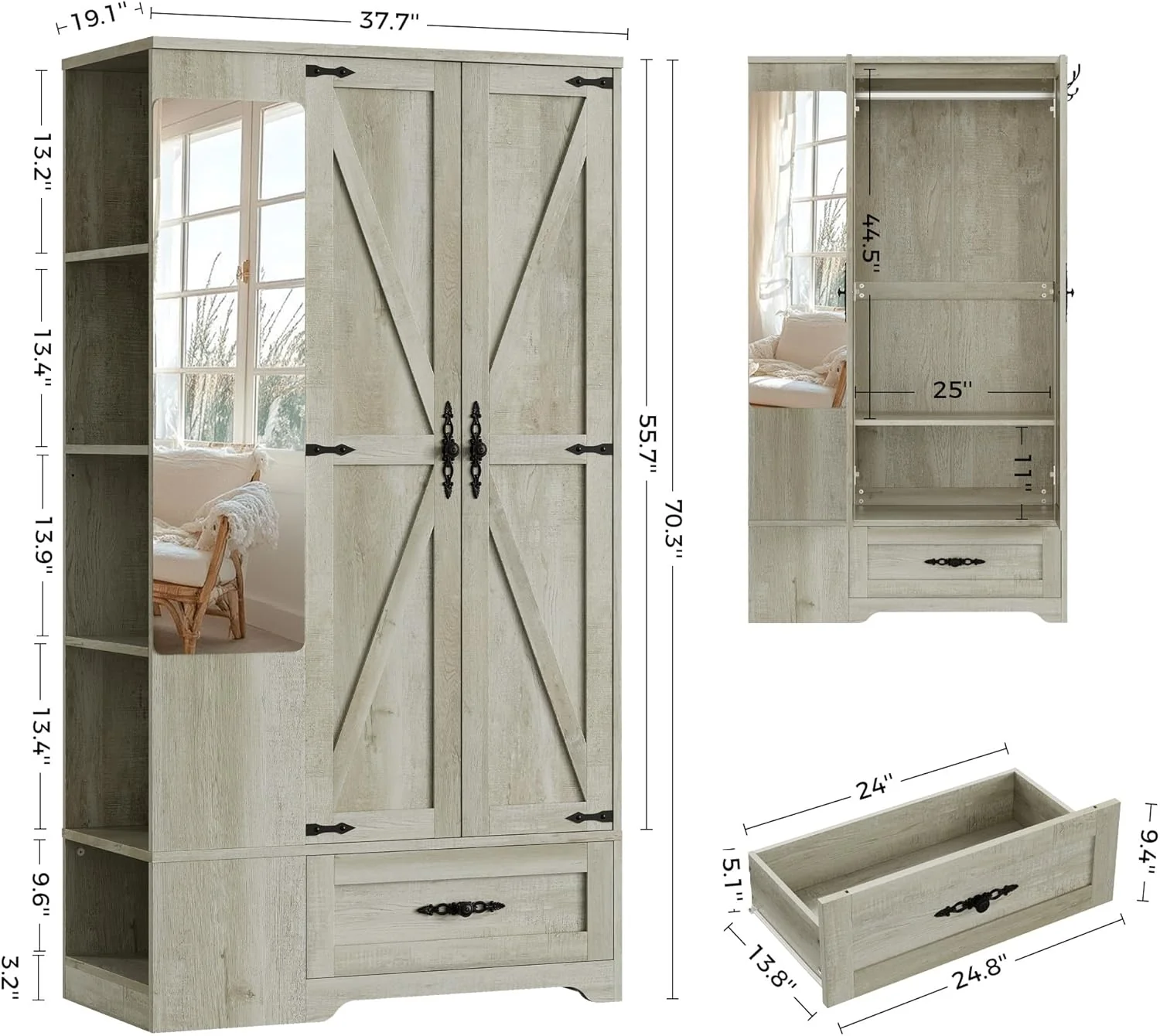 ANCTOR Armoire Wardrobe Closet with Mirror, 70