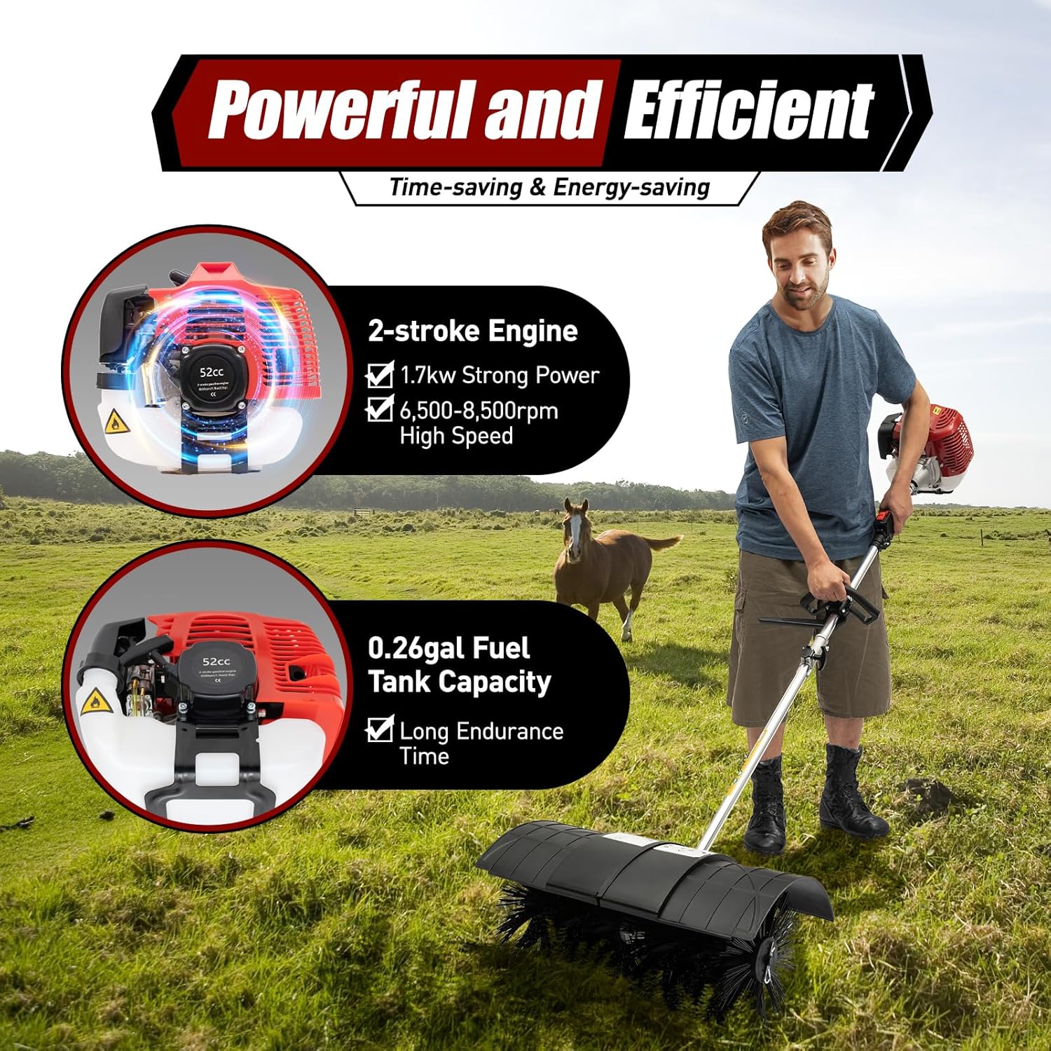 Gas Handheld Power Sweeper, 52CC 2 Stroke Gas Powered Artificial Lawn Sweeper, 1700W 2.3HP Outdoor Hand Held Gas Power Broom for Snow Sweeping Driveway Turf Lawns Artificial Grass Brush Using