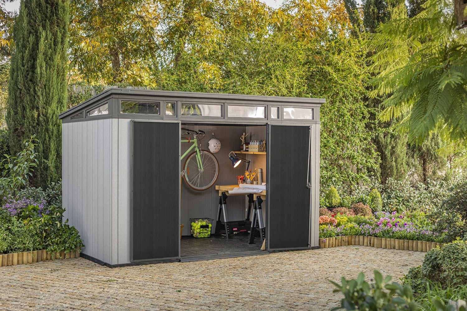 Keter Artisan 11��7 Modern Resin Outdoor Storage Shed Kit-Perfect to Store Patio Furniture, Garden Tools Bike Accessories, Beach Chairs and Lawn Mower, Grey & Black