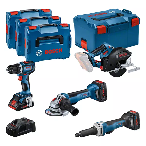 BOSCH COMBI-KIT 4 18V TOOLS: GSR 18V-90C   GWS 18V-15 PSC   GKM 18V-50   GGS 18V-23 PLC   1 4.0 AH BATTERY (PROCORE)   2 5.5 AH BATTERIES (PROCORE)   GAL 1880CV (L) PROFESSIONAL
