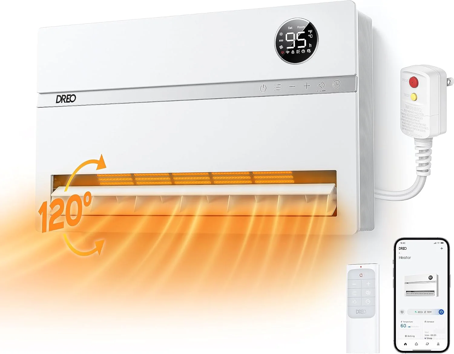 Dreo Smart Wall Heater, Electric Space Heater for Bedroom 1500W, 120° Vertical Oscillation, Adjustable Thermostat, Remote Control, 24H Timer, Easy-Mount Heater for Indoor Use, Works with Alexa, WH719S