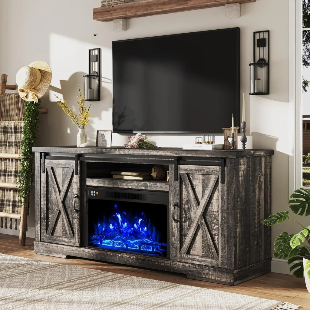 AMERLIFE Fireplace TV Stand with Sliding Barn Door for TVs up to 73