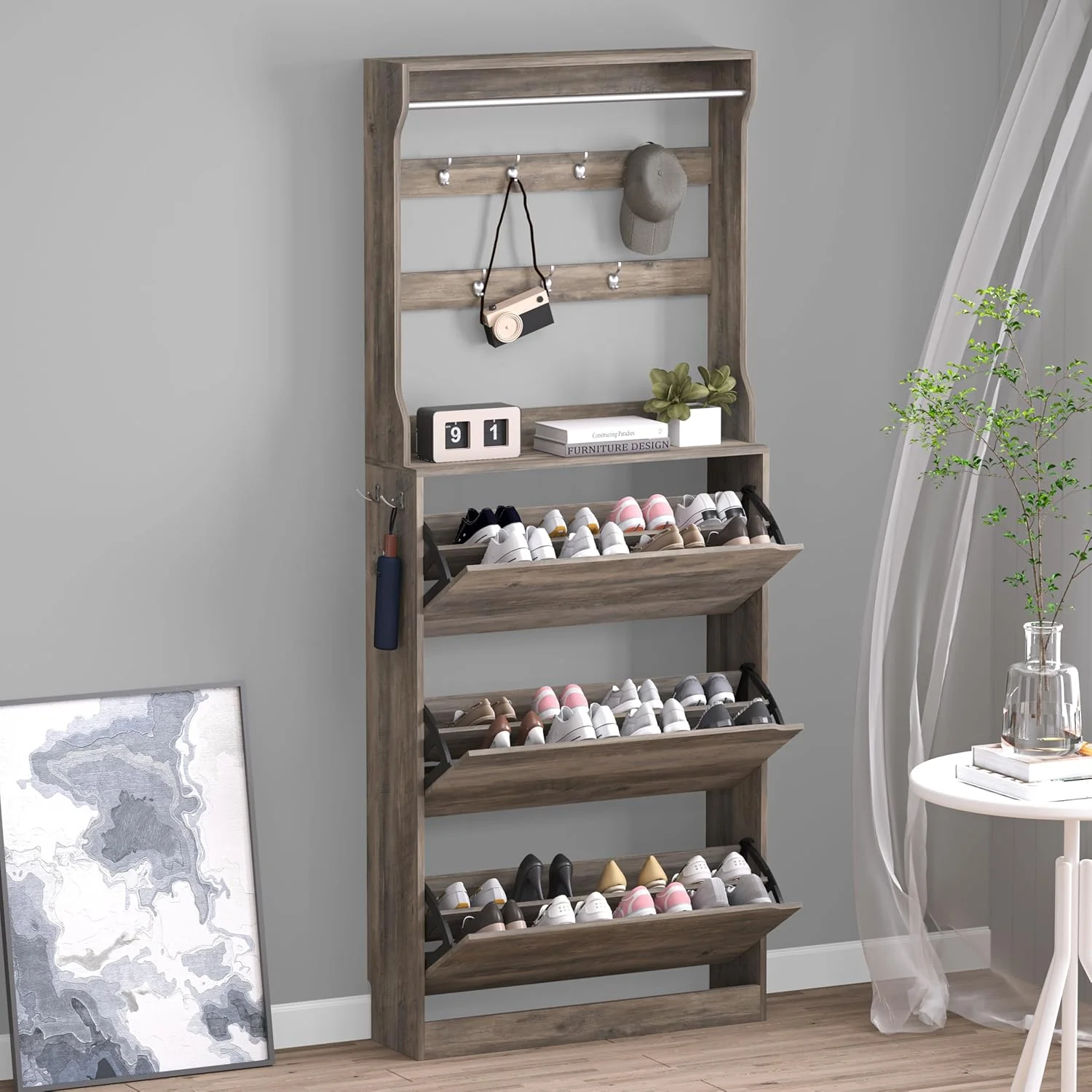 Shoe cabinet with 3 flip-top drawers, concealed wooden shoe cabinet.