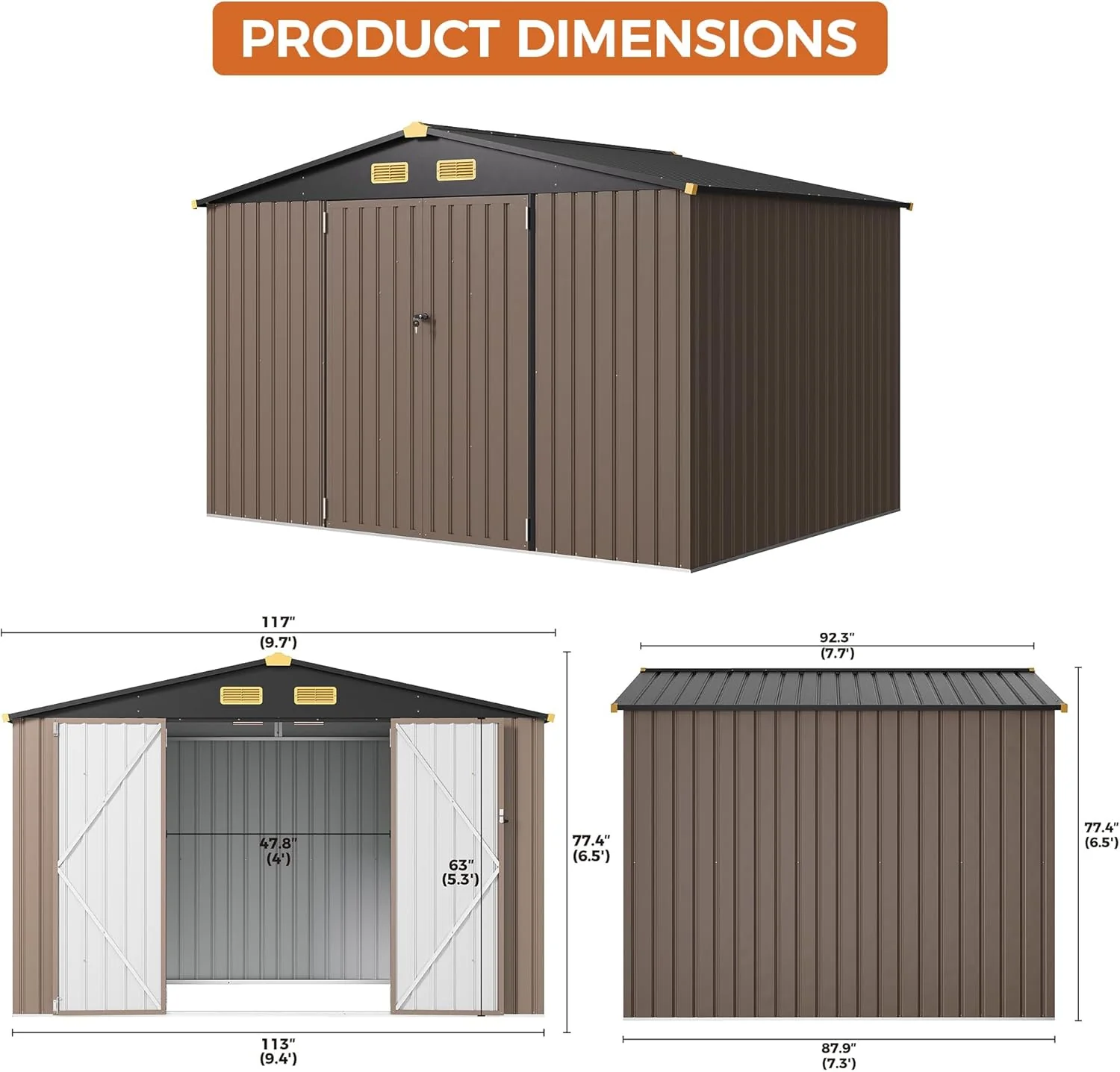 IRONCK 10x8FT Outdoor Storage Shed with Breathable Vent, Galvanized Steel Metal Tool Shed