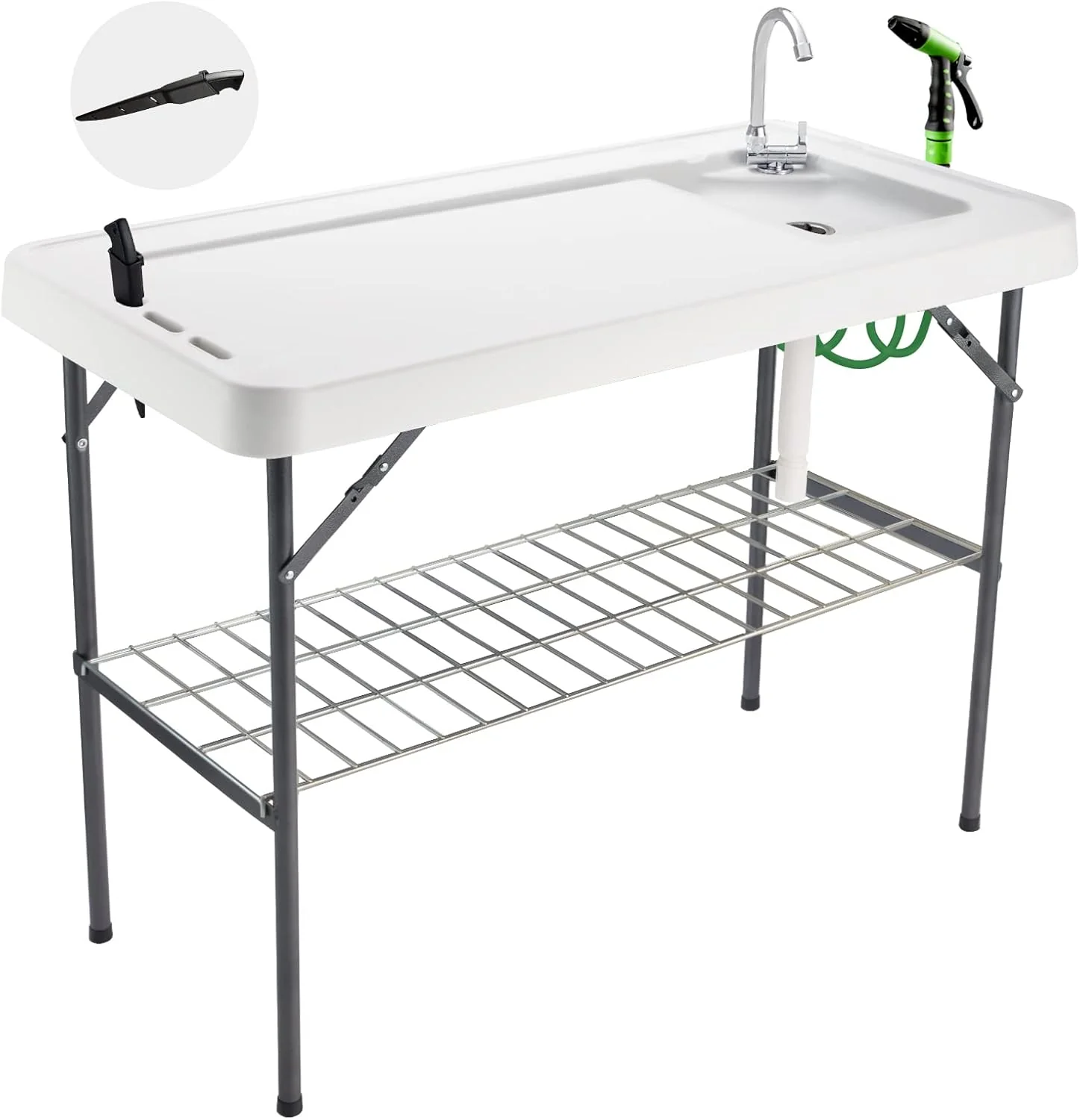 Folding Fish Cleaning Table Portable Camping Sink Table with Faucet Drain Hose and Sprayer Outdoor Fish Fillet Cleaning Station
