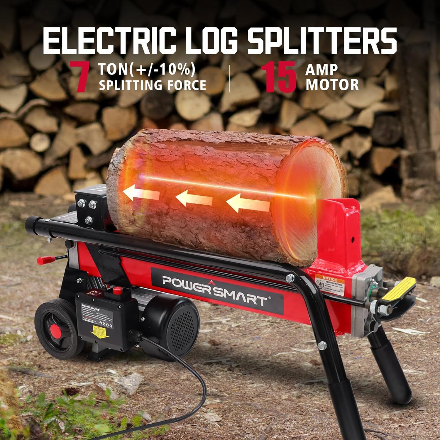 PowerSmart Electric Log Splitter 7-Ton - Efficient Wood Splitter with 3500 Motor Speed, 15 Amp, Horizontal Full Beam Design and Steel Wedge for Firewood & Kindling Cutting