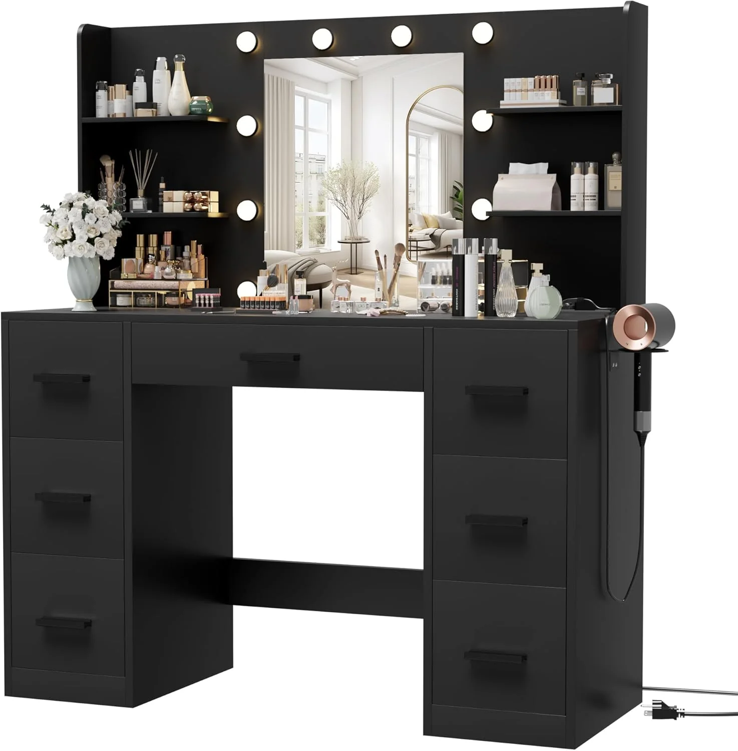 Furmax Vanity Desk with Mirror, LED Lights and Power Outlet Makeup Vanity Table