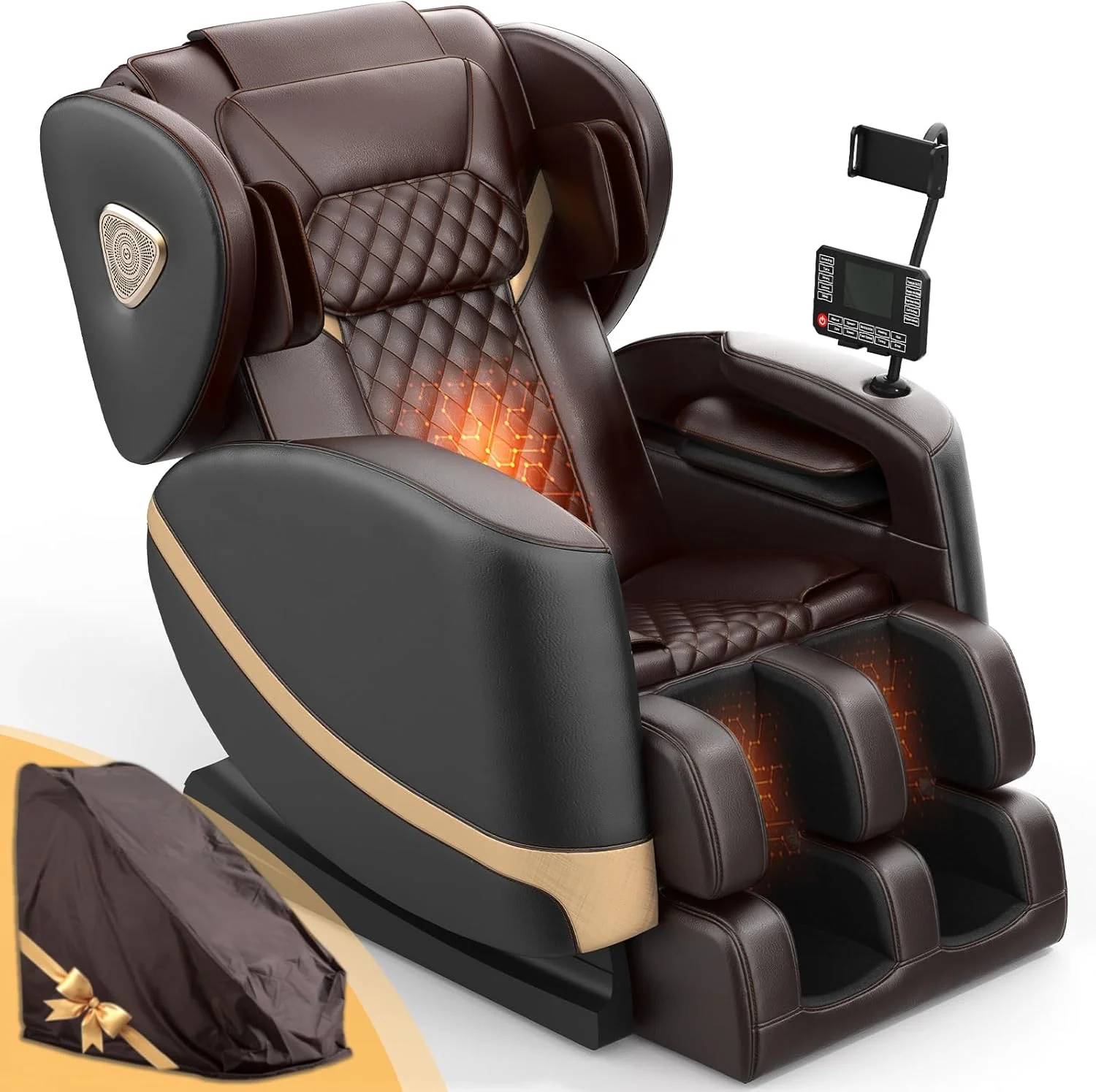 2025 Massage Chair Full Body, Zero Gravity Massage Chair with 10 Fix Rollers, Heating, Foot Massage, Auto Modes, Bluetooth Speaker, Touch Screen Controller (Brown Premium)