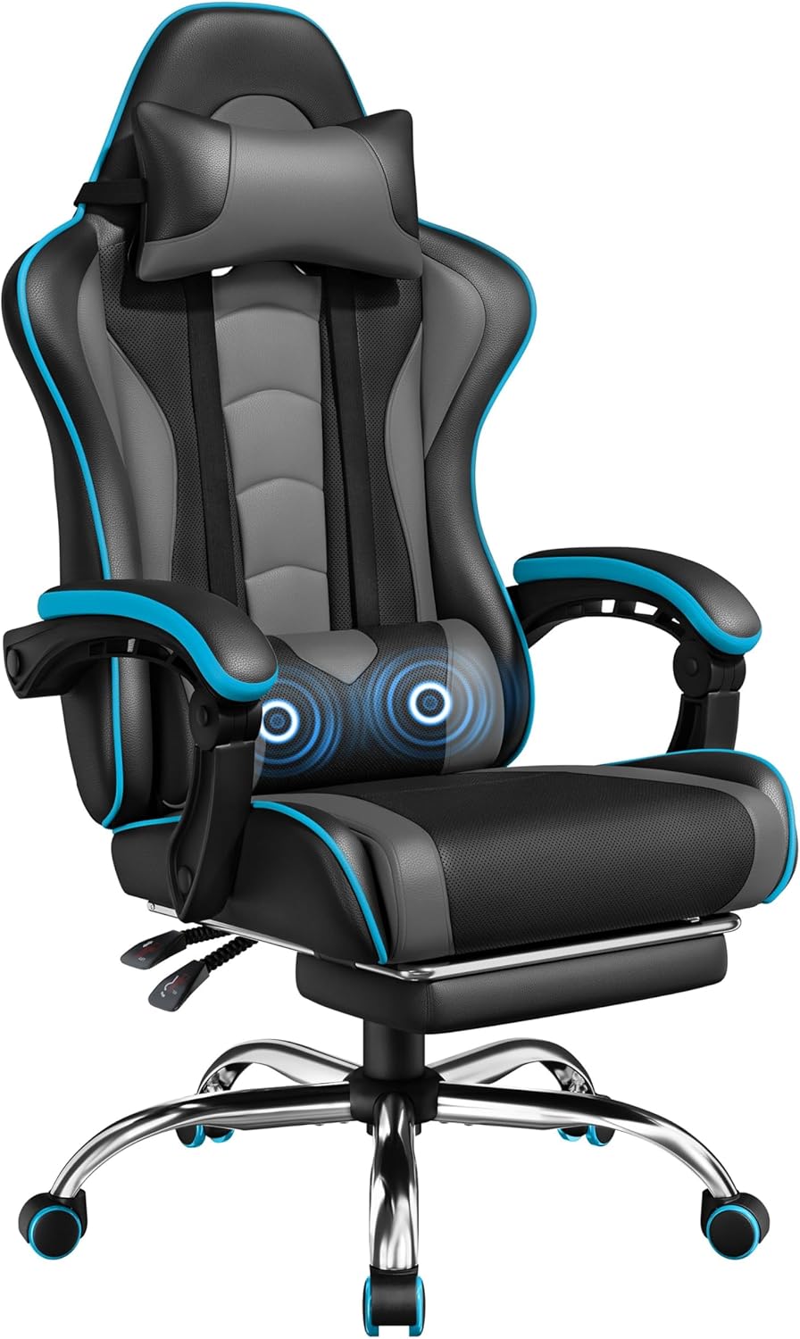 Gaming Chair with Massage Lumbar Support and Footrest Height Office Gaming Chair
