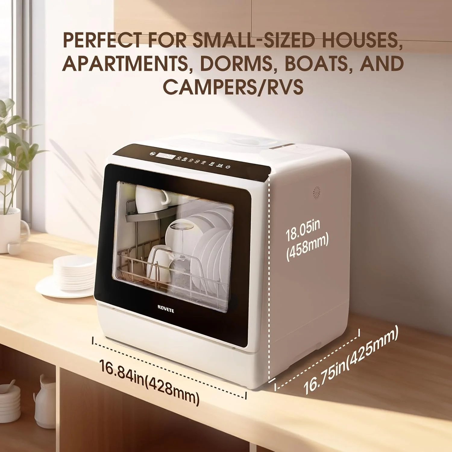 NOVETE portable tabletop dishwasher, compact dishwasher with 5-liter built-in water tank and water inlet hose, 5 wash programs