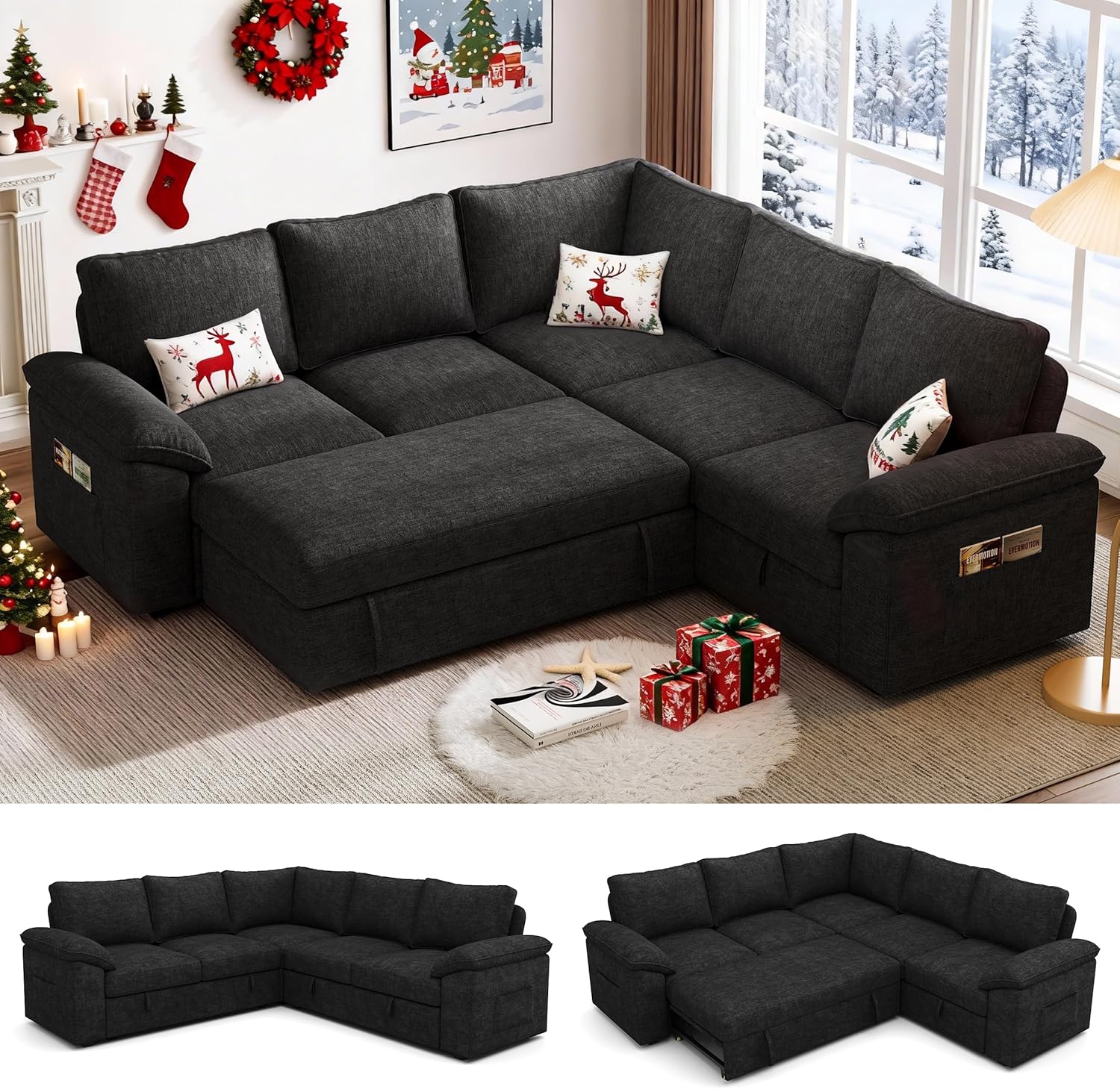 108 Inch Sectional Sleeper Sofa with Pull Out Bed, U Shaped 7 Seat Modular Sectional Sofa