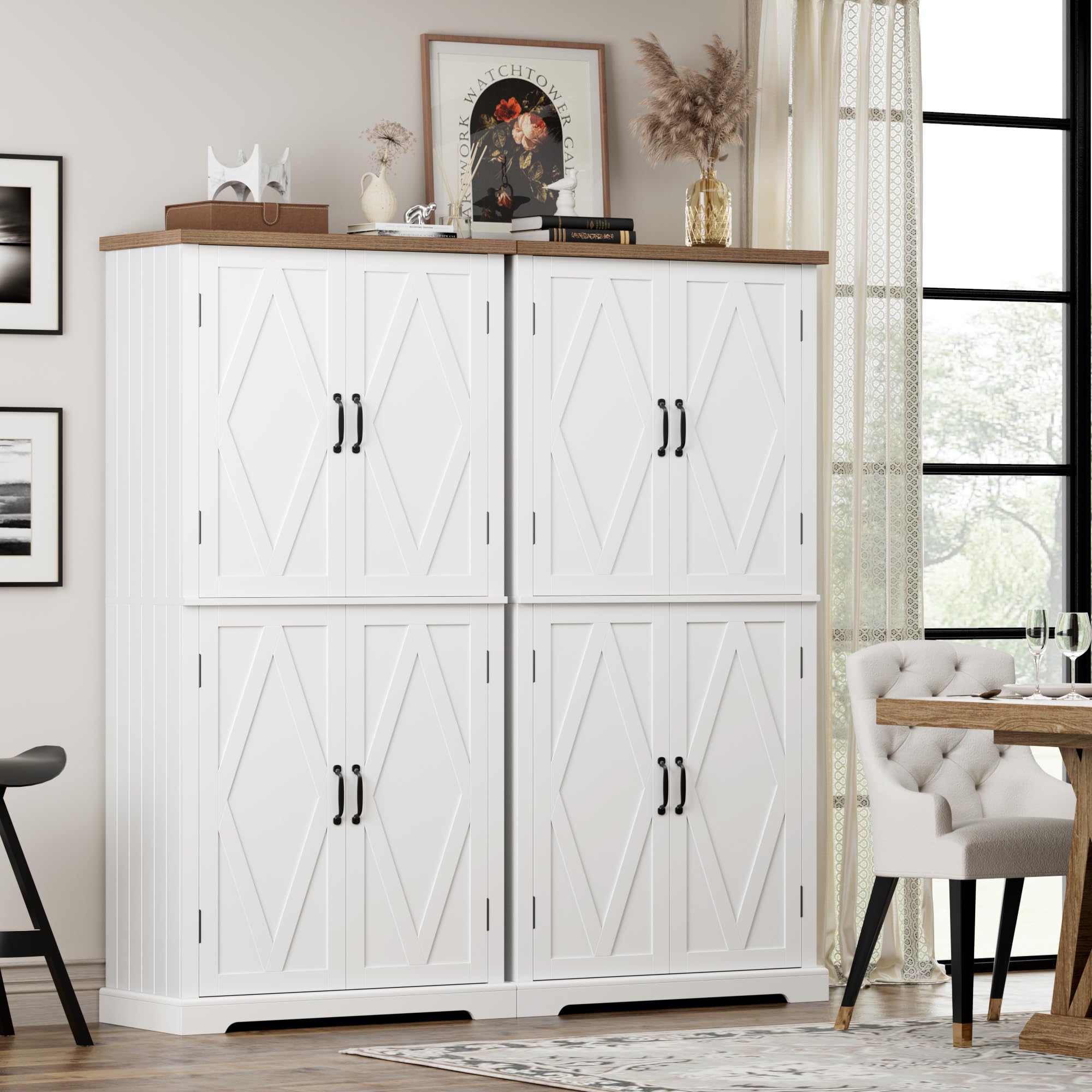HOSTACK 64" Pantry Cabinet, Tall Kitchen Pantry Storage Cabinet, Modern Farmhouse Bathroom Storage Cabinet, Large Bookcase, 4 Doors|Adjustable Shelves, for Dining Room, Living Room, Home Office, White