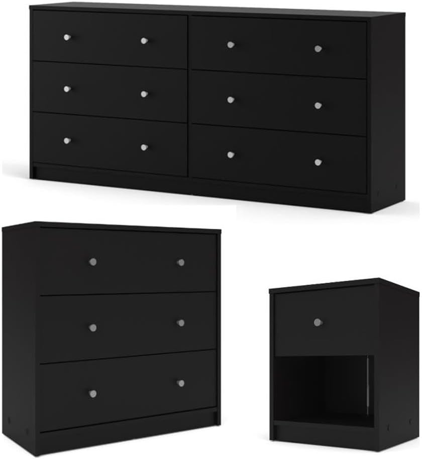 3-Pc Scandinavian Design Engineered Wood Bedroom Furniture Set with 3-Drawer Chest & 6-Drawer Double Dresser & 1-Drawer Nightstand, Pewter Plastic Handles, Smooth Plastic Glides, in Black
