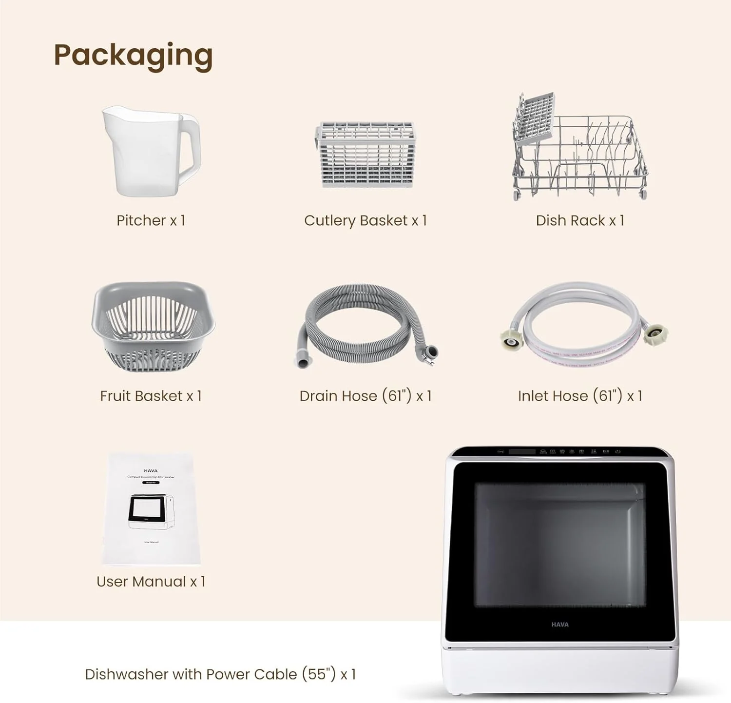 HAVA Countertop Dishwasher, 6 Programs Portable Dishwashers with 5L Built-in Water Tank, No Hookup Needed, Baby Care & Air-Drying Function for Apartments and RVs