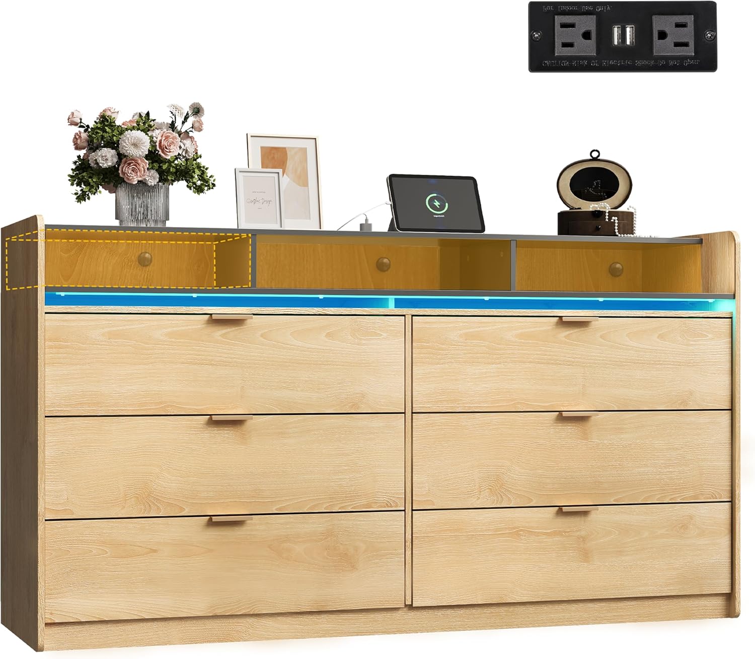 9 Drawer Led Dresser for Bedroom, 58.35'' Wide Wood Dresser Storage Organizer with Power Outlets for 65'' TV, Dressers with Open Shelves