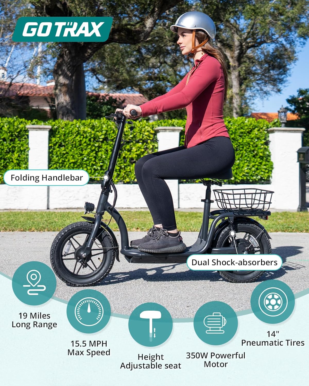 Gotrax adult electric scooter with seat, maximum range of 19-25 miles, all-terrain tires, wide pedals, padded seat, and carrycot