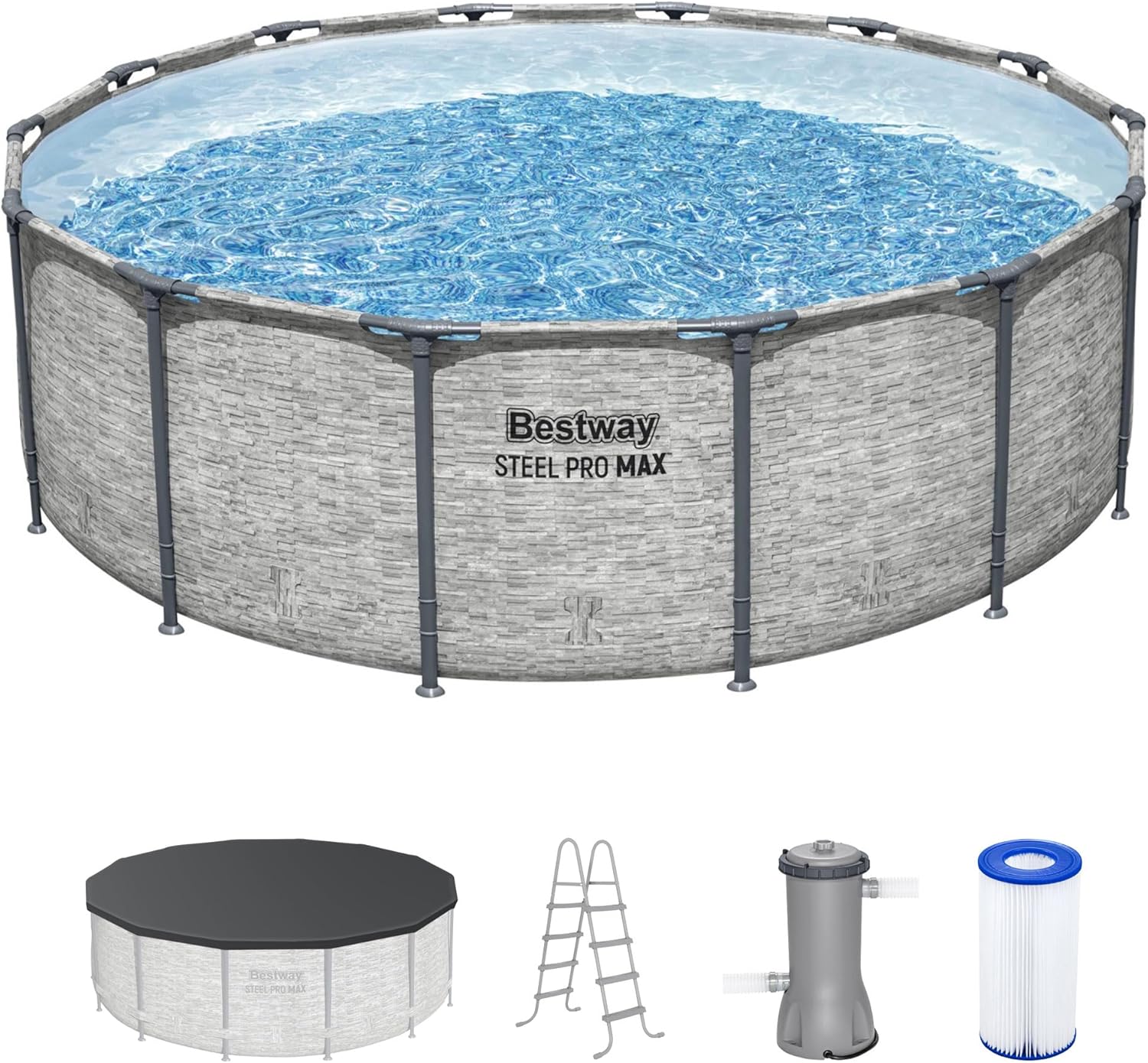 Steel Pro MAX 14 Foot x 48 Inch Round Metal Frame Above Ground Outdoor Swimming Pool Set with 1,000 Filter Pump, Ladder, and Cover, Gray