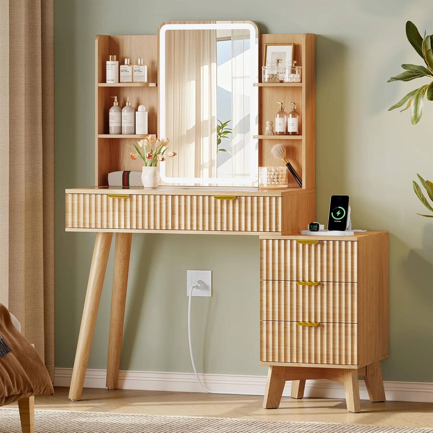 Vanity Desk with LED Lights Mirror & Power Outlet, Small Makeup Vanity Table Set