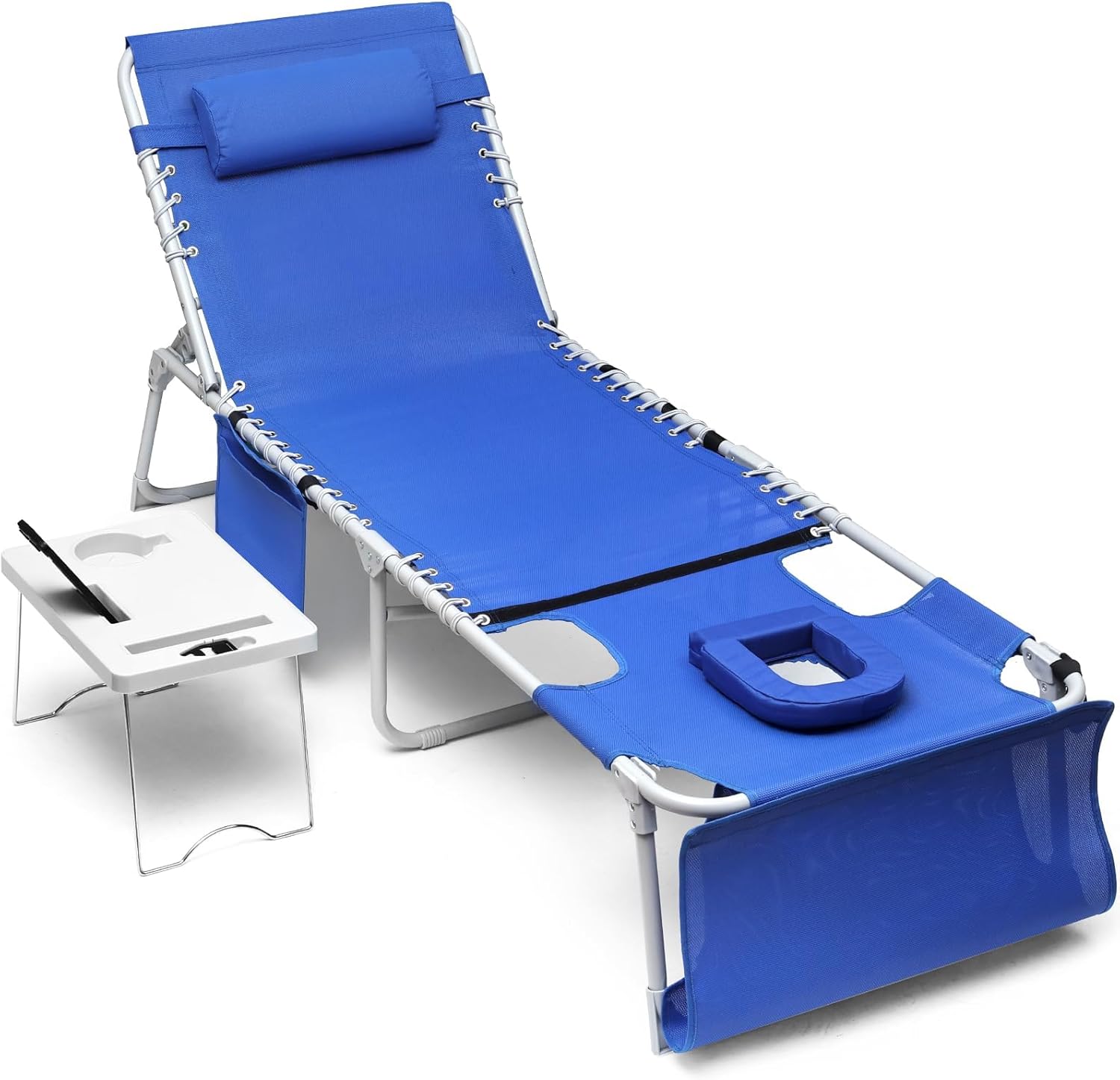 3-in-1 Outdoor Sun Tanning Lounge Chair with Face Hole – 5-Position Recliner, Folding Side Table & Removable Pillow, 330lbs Capacity, Blue