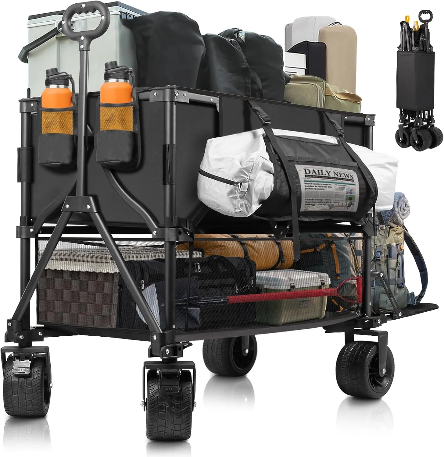 Double Decker Wagon Heavy Duty Collapsible, 600LBS 400L Capacity Foldable Utility Cart with Big Wheels