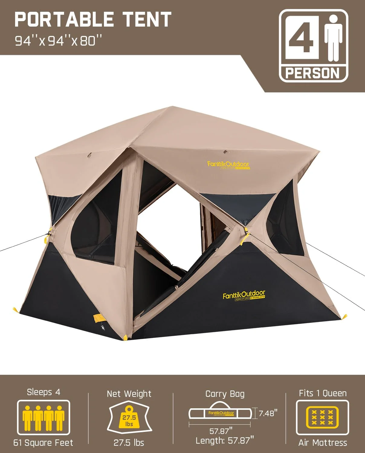 Super Camping Tent 4 Person Pop-up Instant Cabin Set Up Portable Center Tent