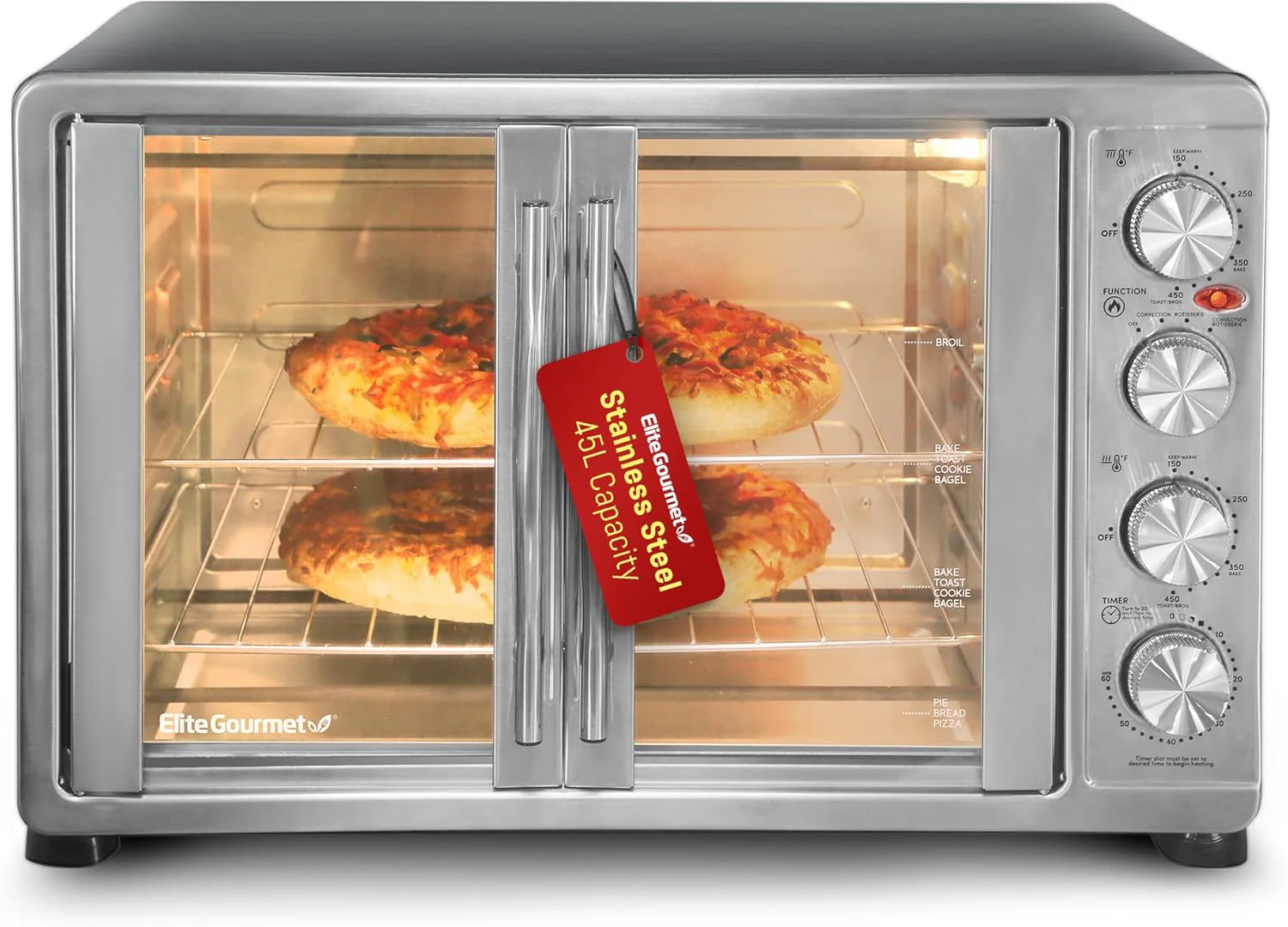 Elite Gourmet ETO2530M Double French Door Countertop Toaster Oven, Bake, Broil, Toast, Keep Warm, Fits 12
