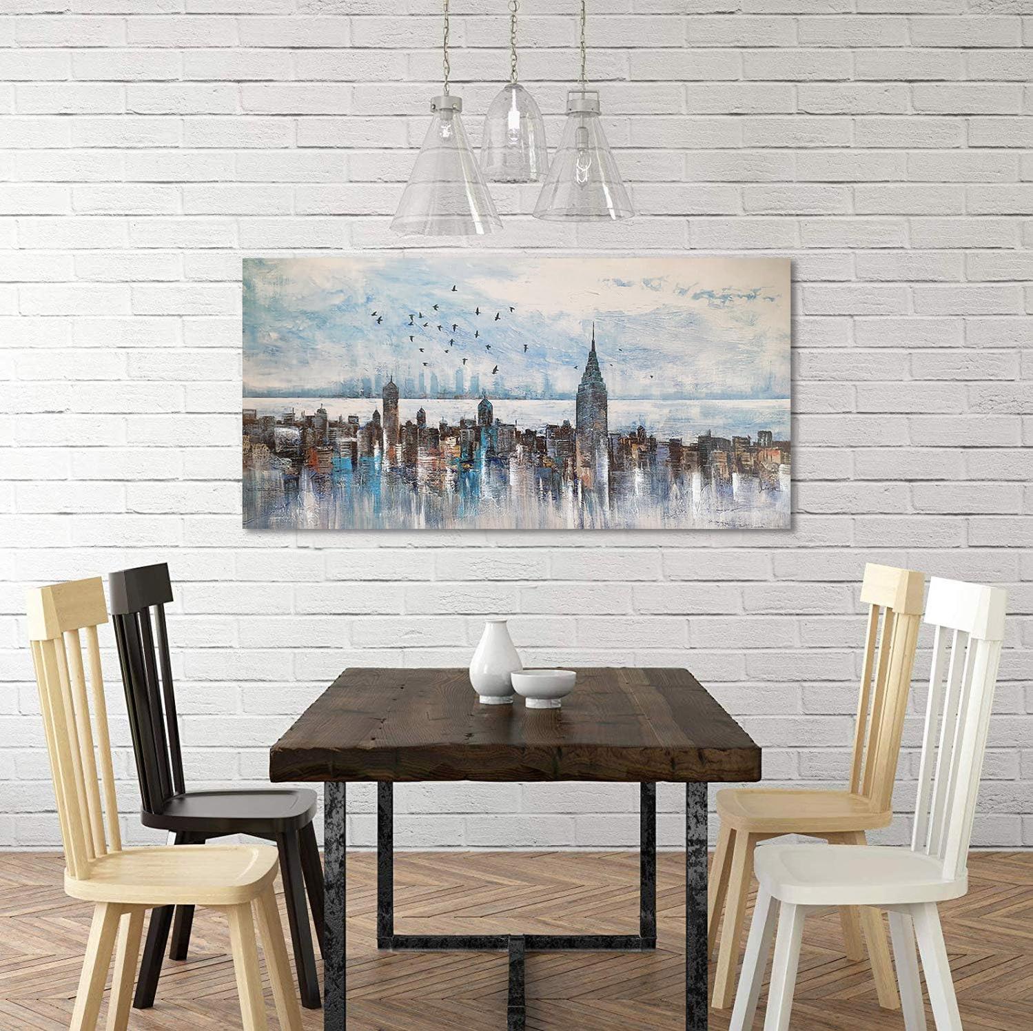 Cityscape Wall Art New York City Skyline Buildings Modern Abstract Grey NYC Skyline Birds Painting