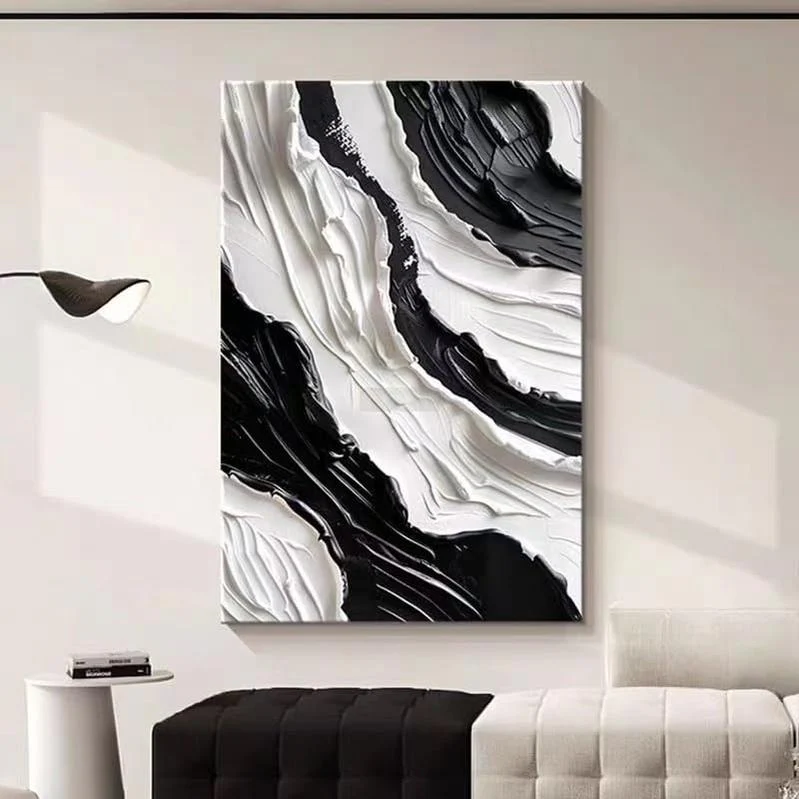 3D Thick Texture Black and White Canvas Wall Art Hand-Painted Minimalism Abstract Artwork Oil Painting Home Decorations Modern bedroom Wall Art Ready to Hang