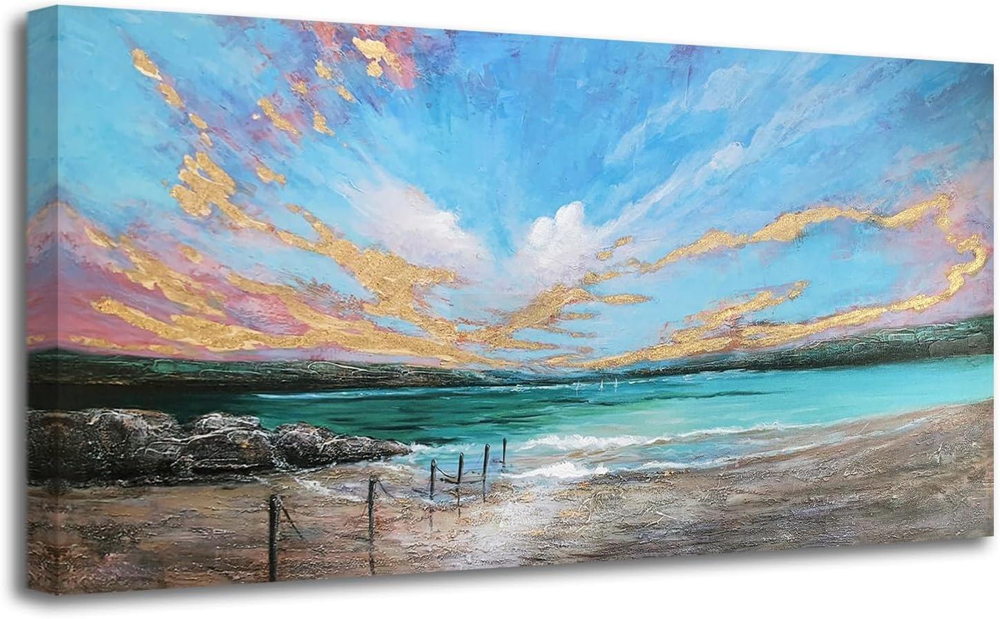 Ocean Teal Wall Art Canvas Coastal Beach Painting Blue Turquoise Landscape Sunset Painting, Panoramic Gold Foil Textured Large Artwork Framed for Living Room Bedroom Bathroom Wall Decor