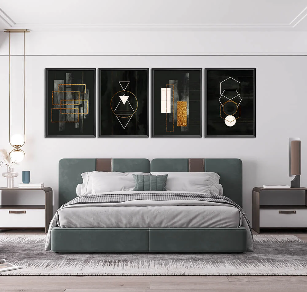 Geometric Gold & White Abstract Shapes On Black Background (4 Panel)