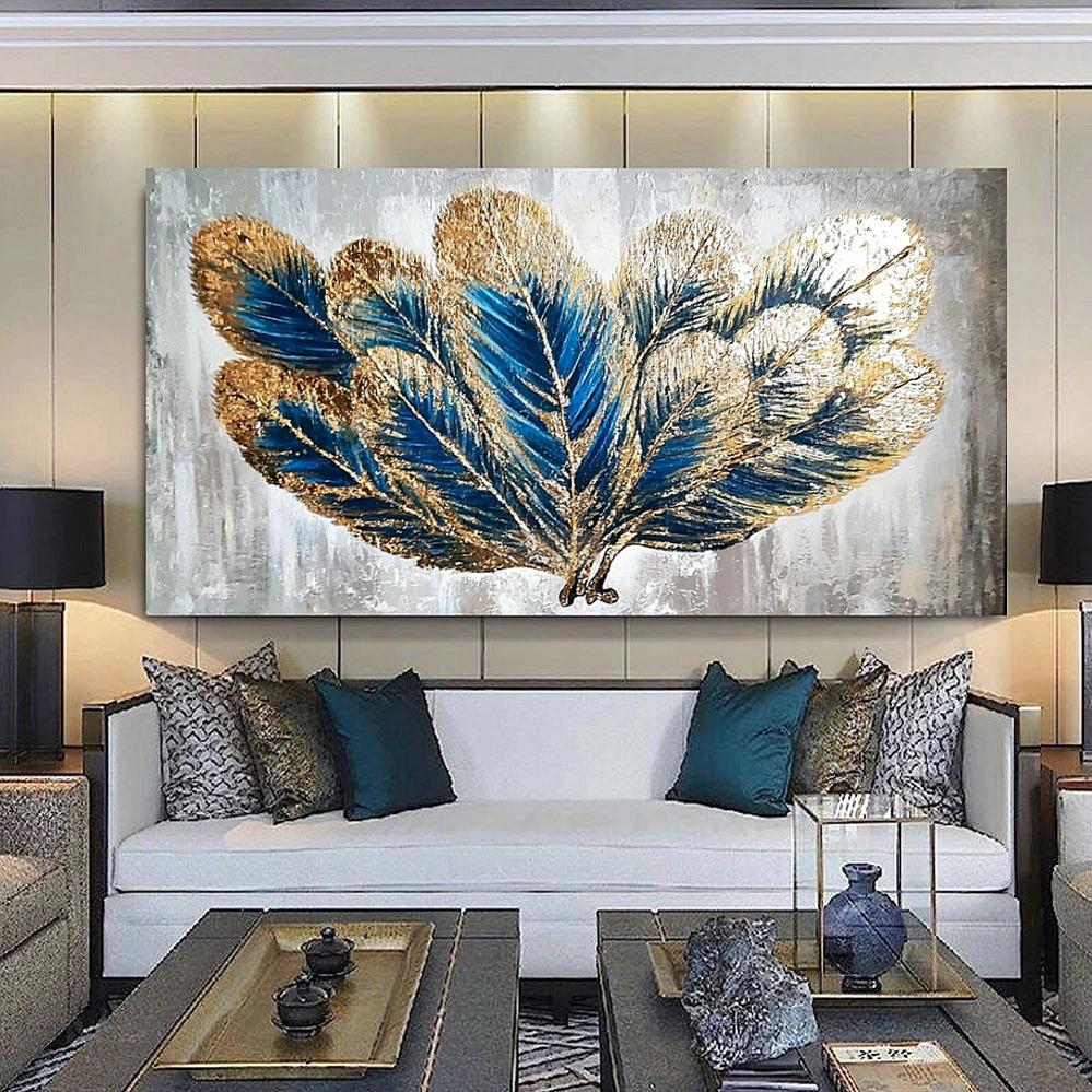 Gold Feather Textured Painting Gold Leaf Art Home Decor Wall Decor