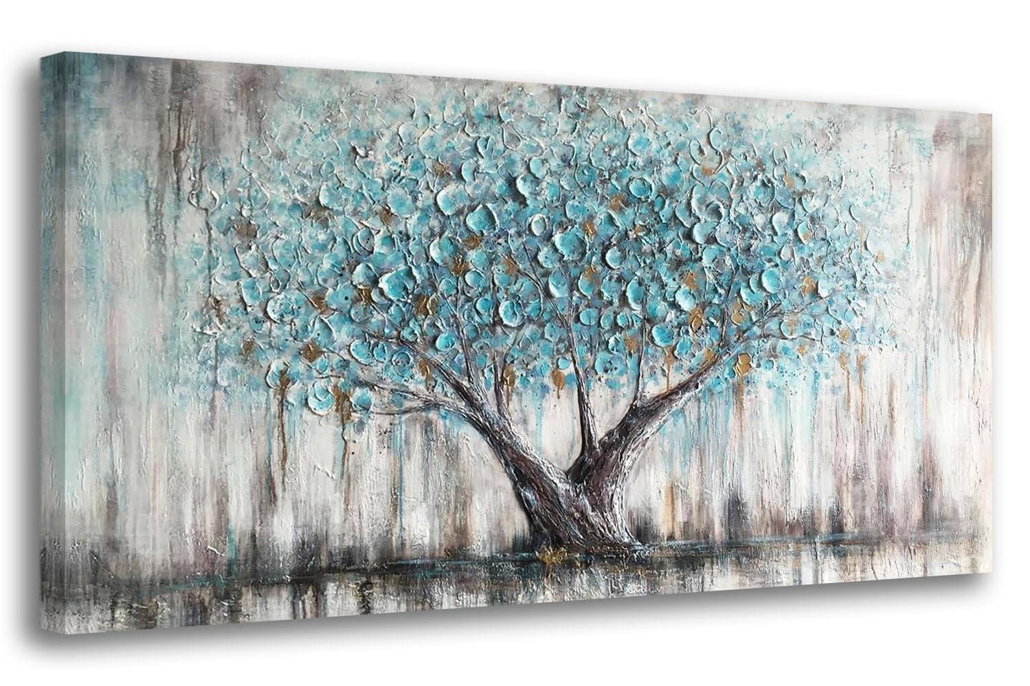 Tree Wall Art Teal Blue Nature Tree of Life Abstract Canvas Painting Textured, Modern Large Panoramic Landscape Artwork Framed for Living Room Bedroom Bathroom Office Home Decor