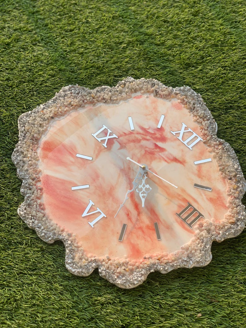 Live Edge Stone Work Resin Wall Clock - Orange Color, Unique Design