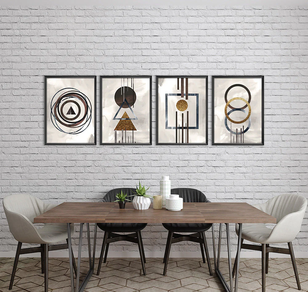 Gold & White Abstract on White Background (4 Panels) Abstract Wall Art
