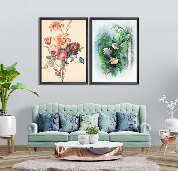 Pink Flower Green Sparrows Oil Paint (2 Panel) Digital Wall Art