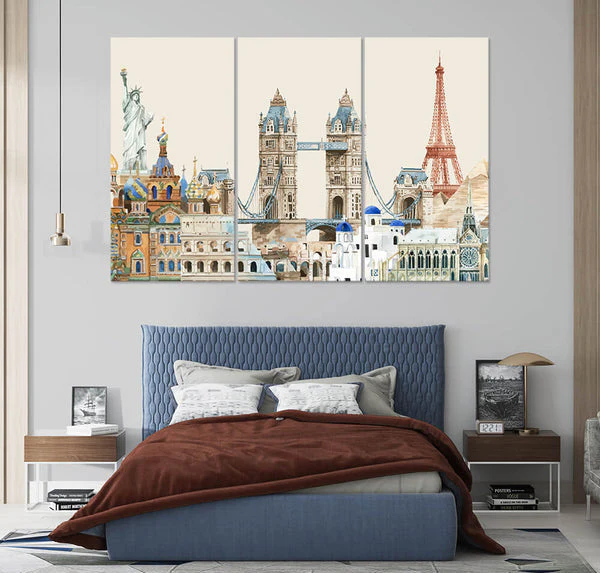 World Iconic Monuments in Watercolor (3 Panel) Architecture Wall Art