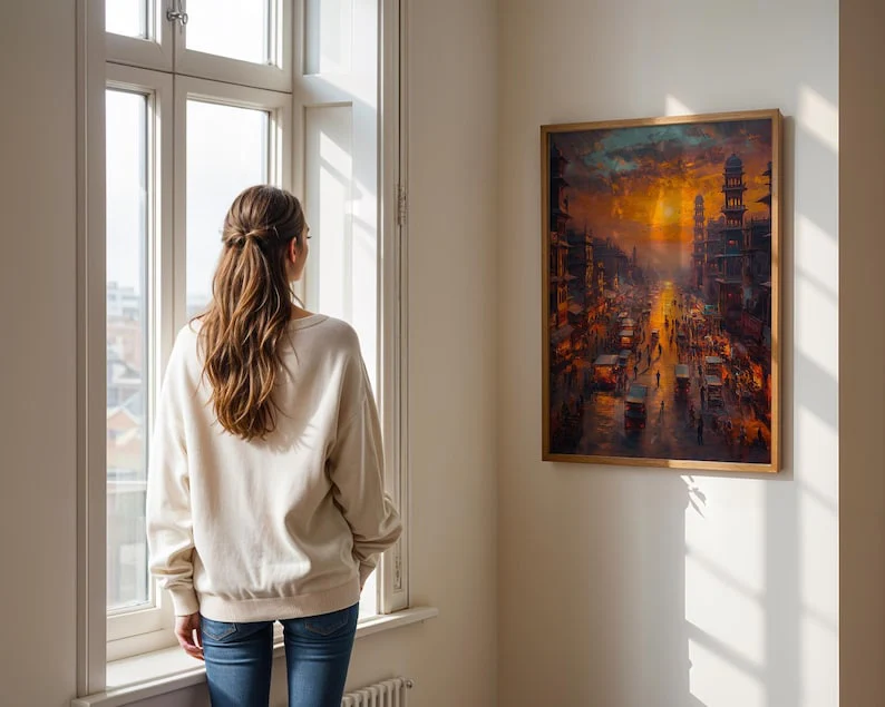 Karachi Pakistan Sunset Oil Painting Print Frame, Pakistan City Street Poster Print or Canvas Travel Artwork Wall Art Gift, South Asia Oil Paint Style