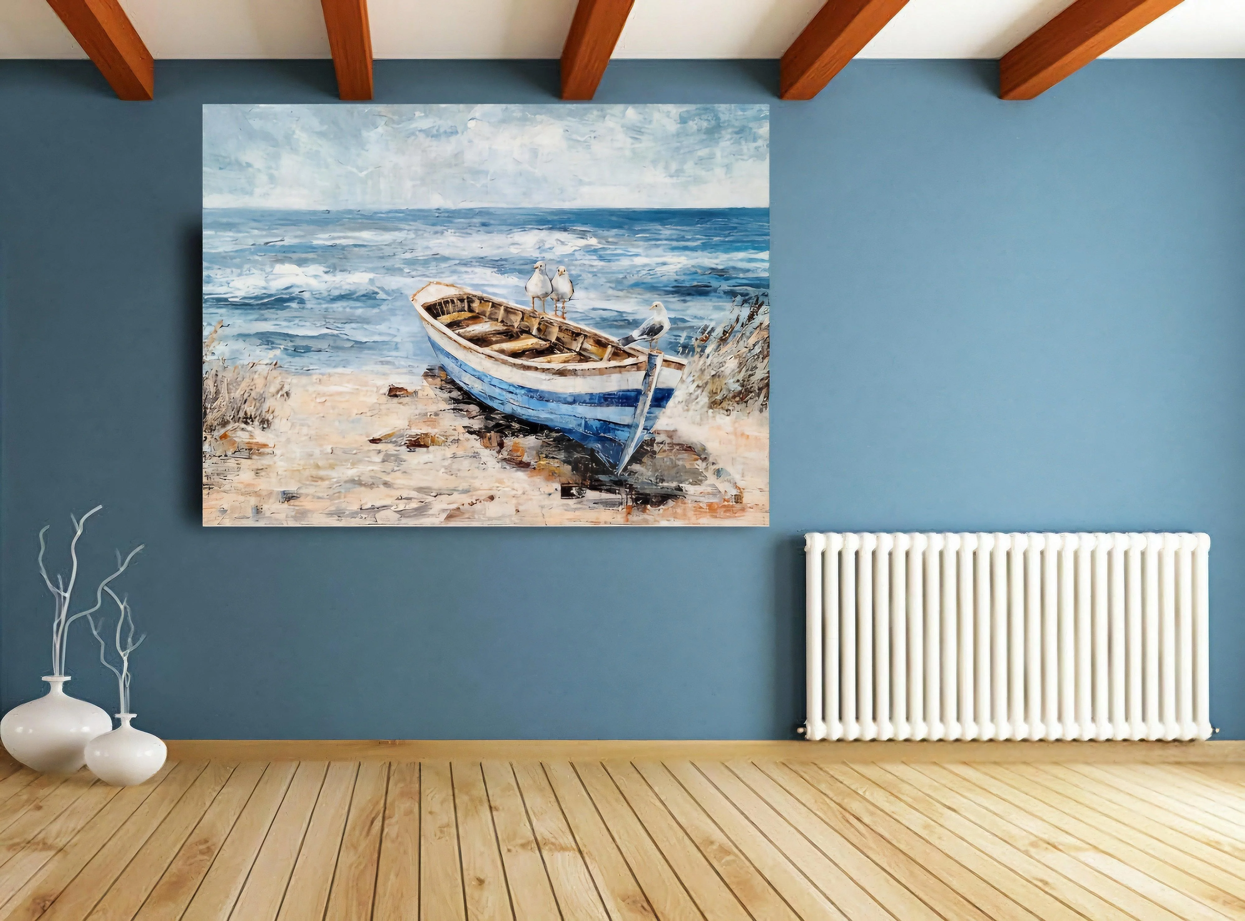 Coastal Canvas Wall Art - Hand Painted Beach Painting - Seagulls on Boat Painting - Seascape Coastal Artwork