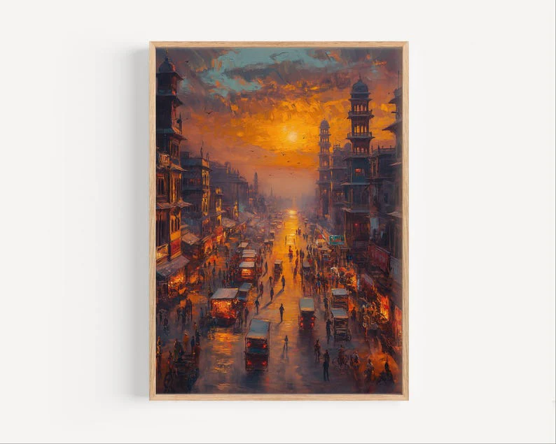 Karachi Pakistan Sunset Oil Painting Print Frame, Pakistan City Street Poster Print or Canvas Travel Artwork Wall Art Gift, South Asia Oil Paint Style
