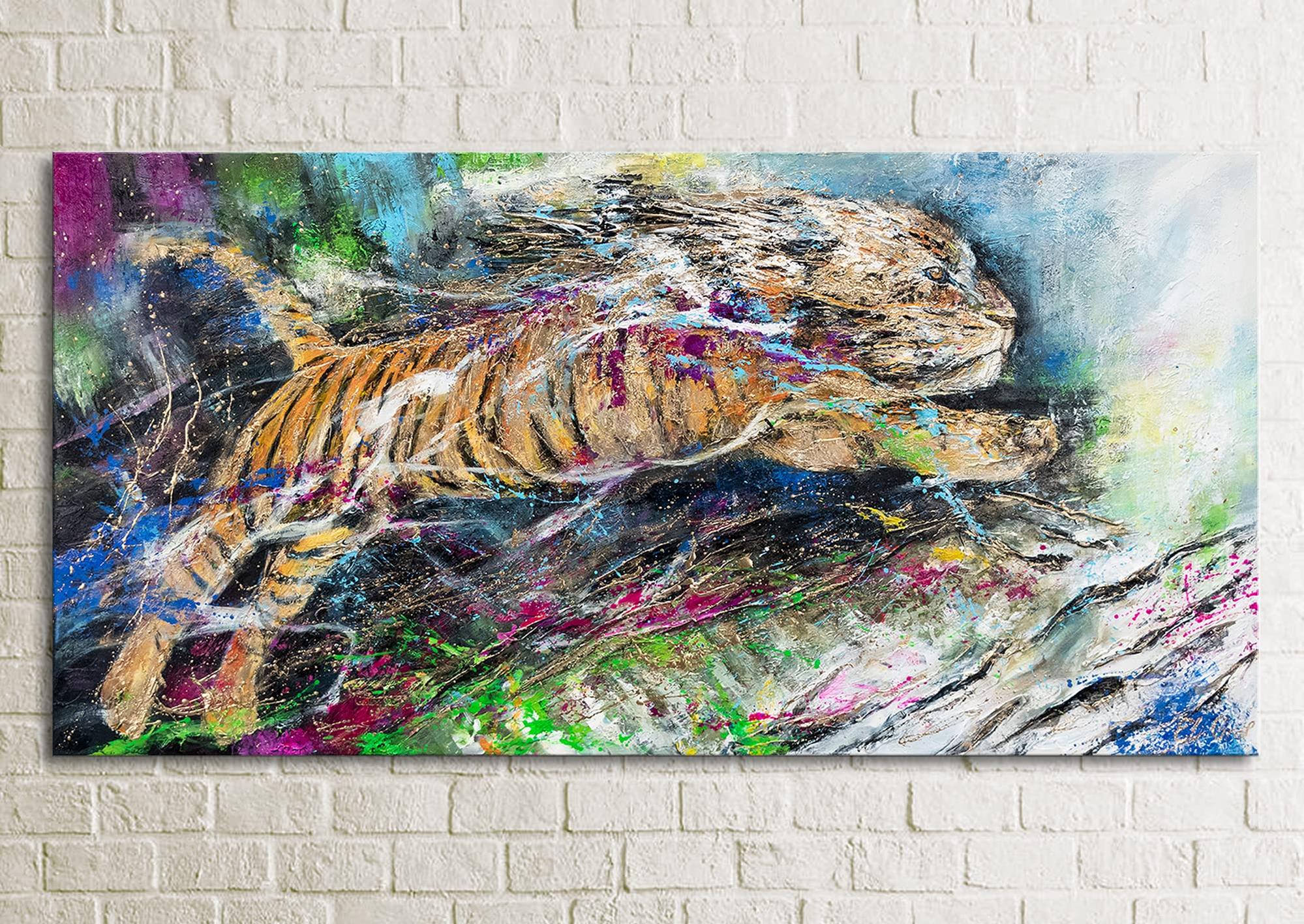 Abstract hand painted acrylic painting with tiger Energy Modern wall art for bedroom with animal in vivid color Home interior