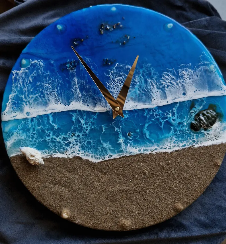 Handmade Ocean Resin Wall Clock with Real Sand, Shells & Turtle �C Beach Themed Coastal Decor �C Nautical Sea Life Art for Home, Office, or Beach House