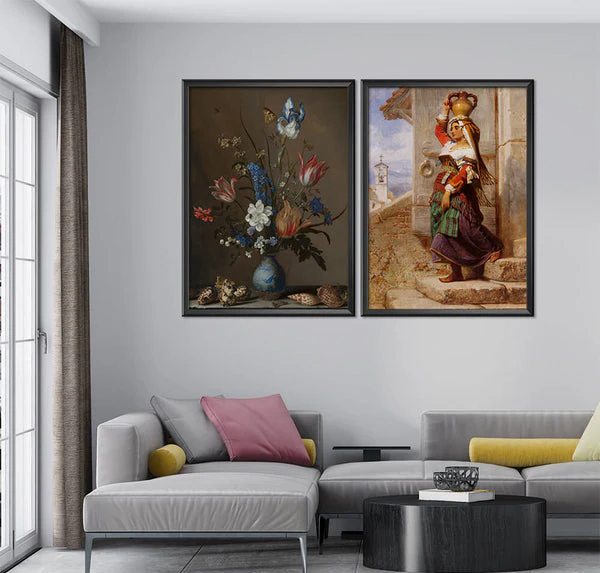 Lady & Vase of Flowers Oil Paint (2 Panel) Digital Wall Art