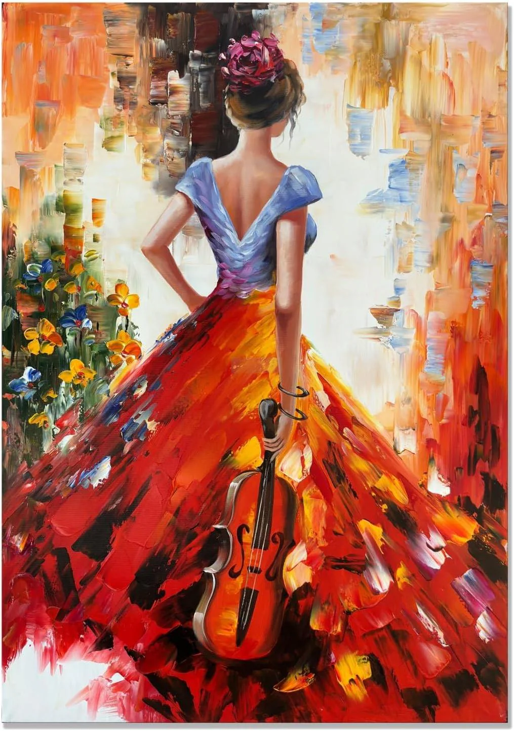 Hand Painted Figurative Vertical Canvas Wall Art Musical Girl Modern 3D Wall Paintings Contemporary Art for Home Decorations Wall Decor Ready to Hang
