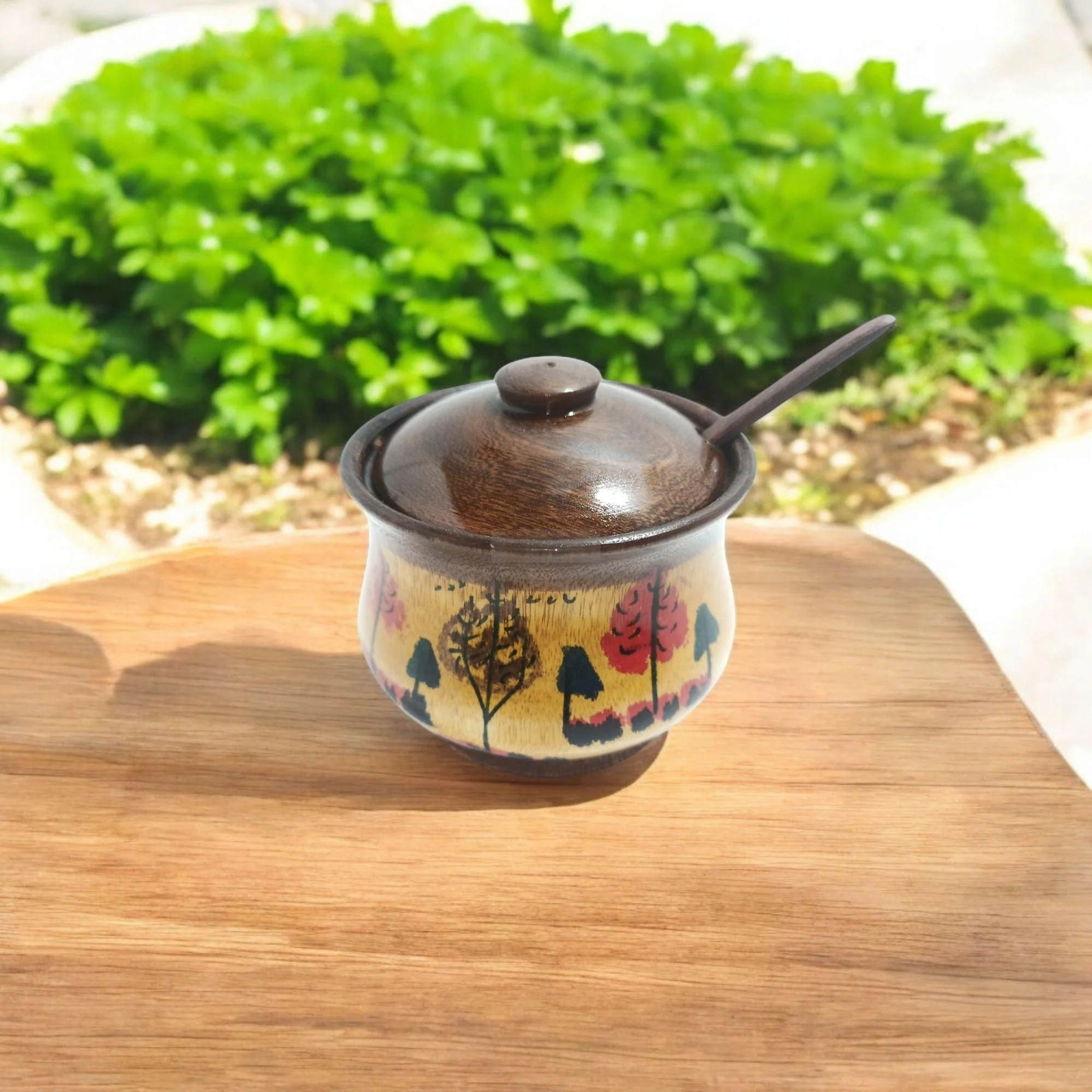 Hand Painted Wooden Sugar Pot with Spoon