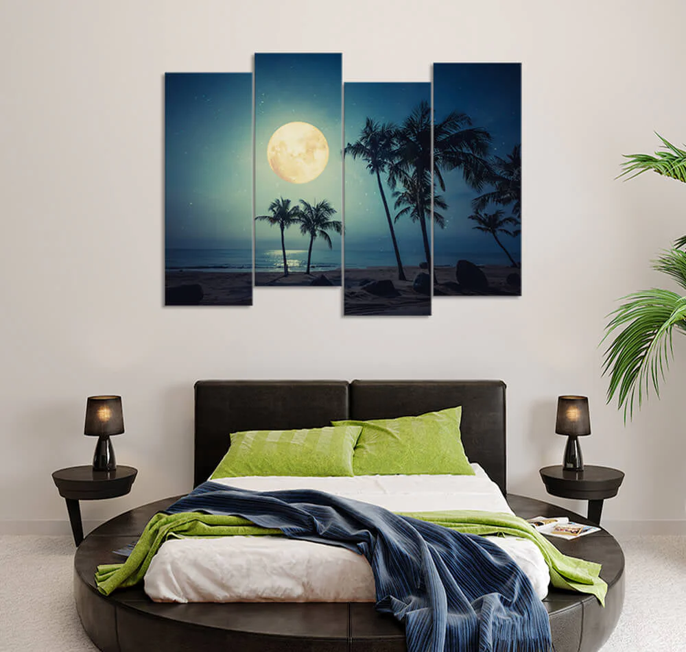 Full Moon on Tropical Beach (4 Panel) Landscape Wall Art