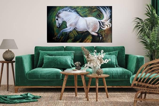 Running White Horse | Handmade Painting on Canvas | Home decor