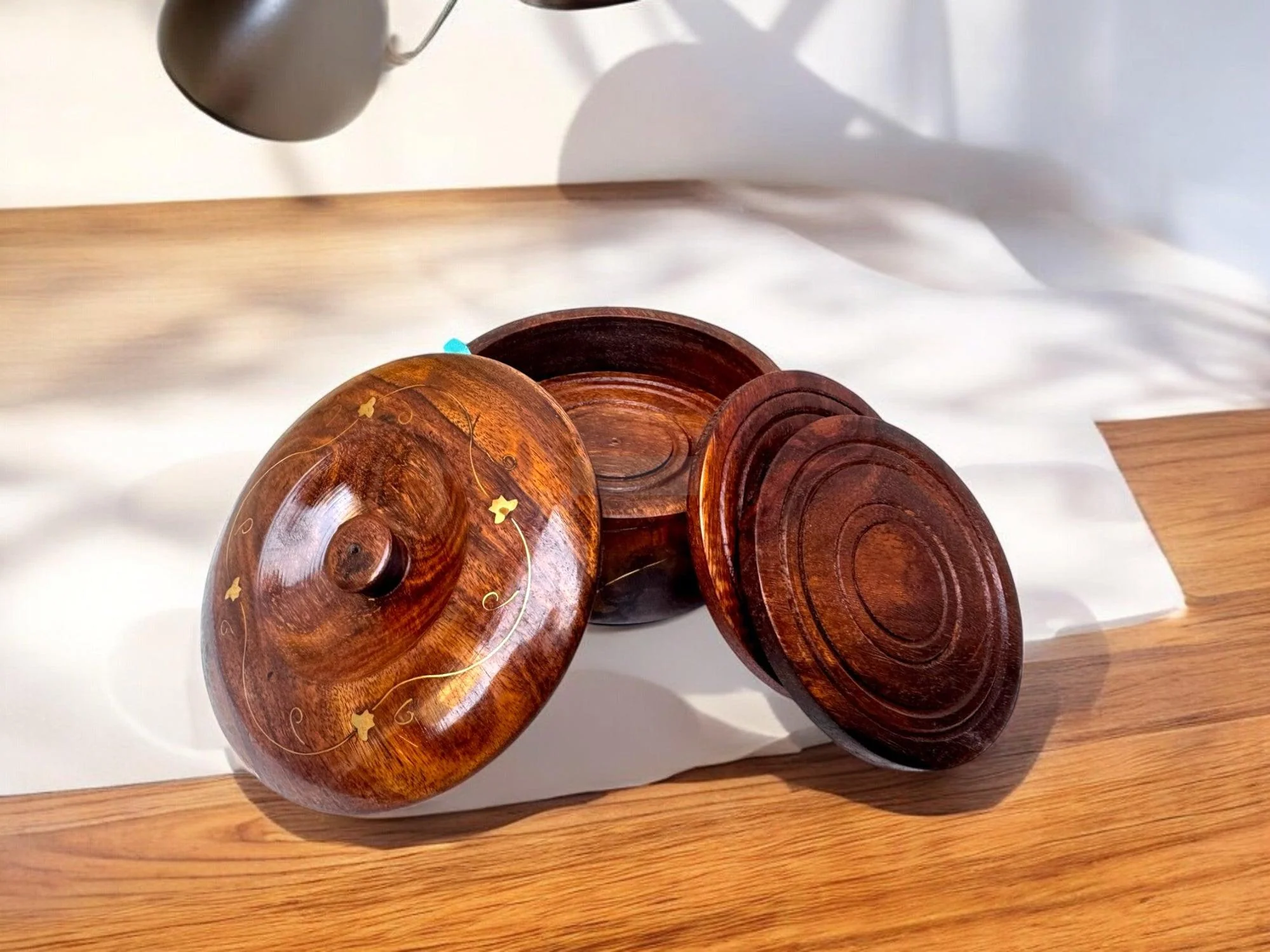 Handcrafted Wooden Tea Coaster Set with Brass Inlay - Elegant Table Decor with Holder for Protection and Style