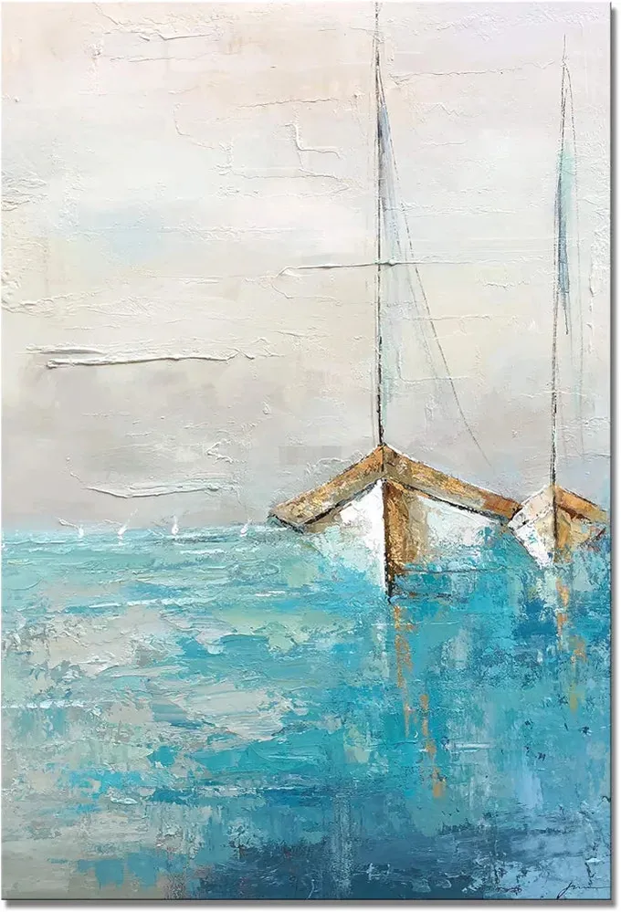 Ocean Canvas Wall Art - Abstract Beach Painting with Textured - Teal Coastal Painting - Sailing Boat Artwork for Living Room Bedroom Decor